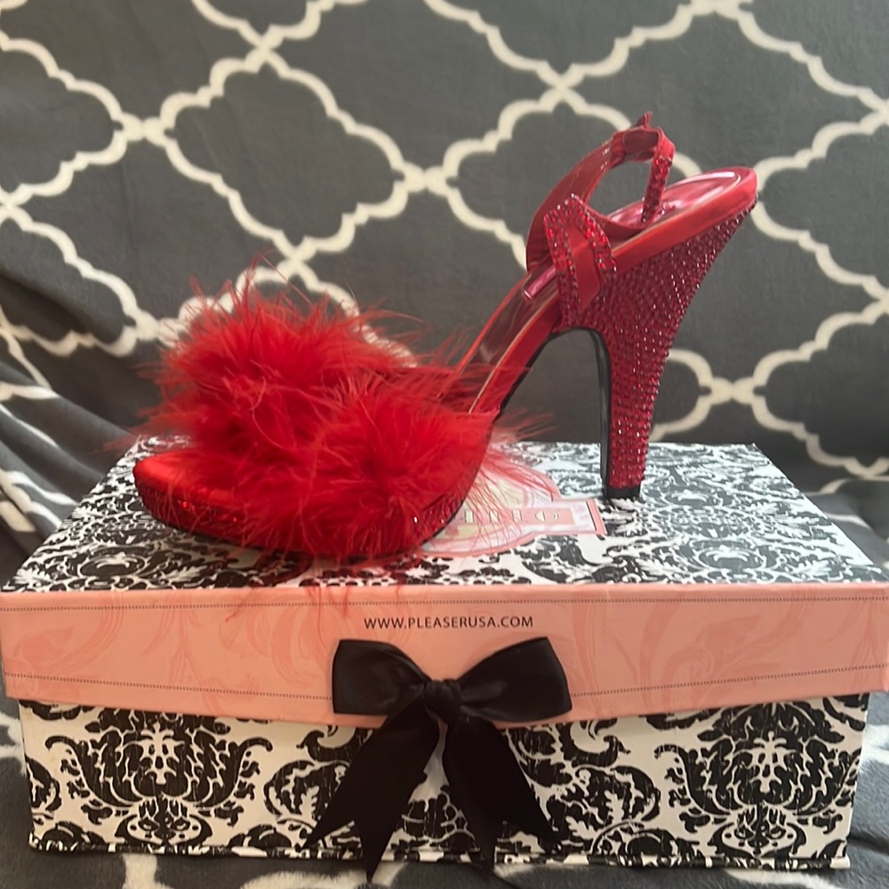 Bordello red crystal fur heels